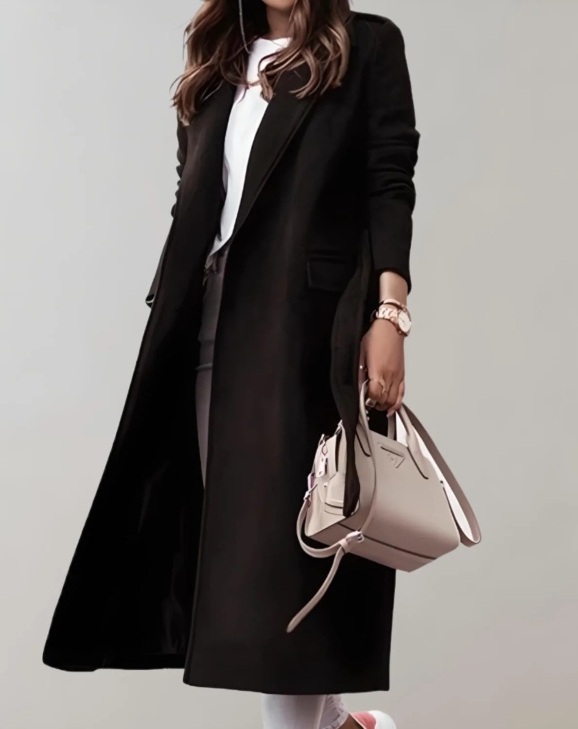 Wool-Look Coat Beige Long Wrap - Black