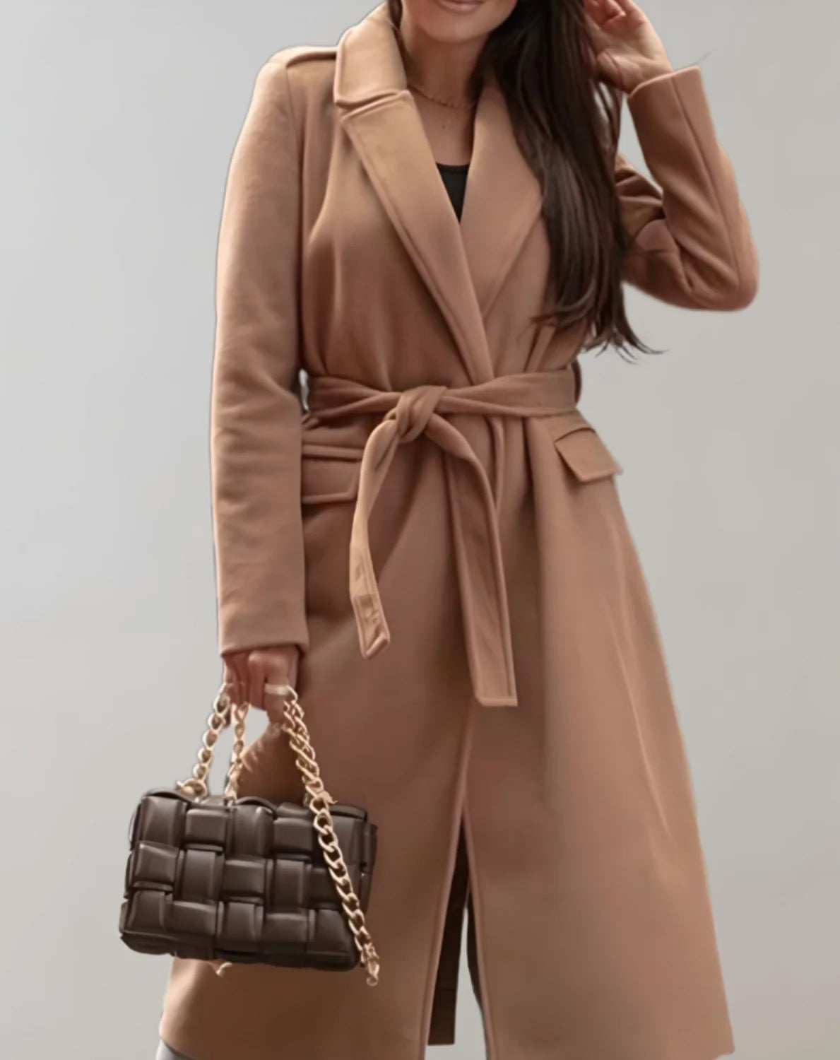 Wool-Look Coat Beige Long Wrap - Camel