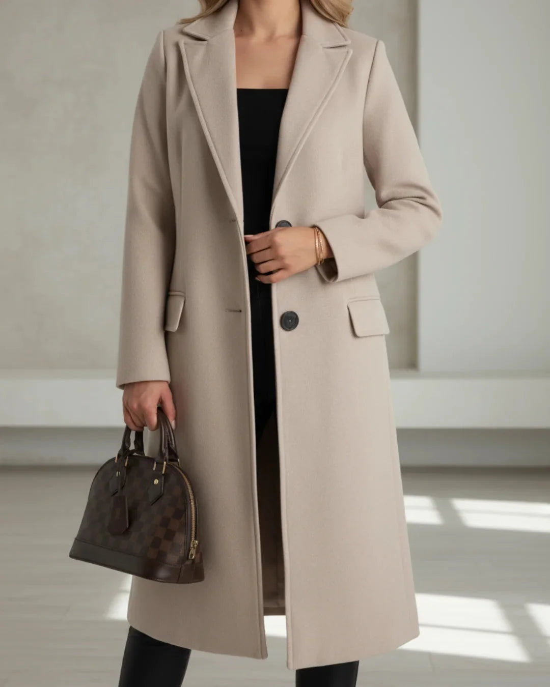 Wool-Look Coat Grey Tailored Long - Beige