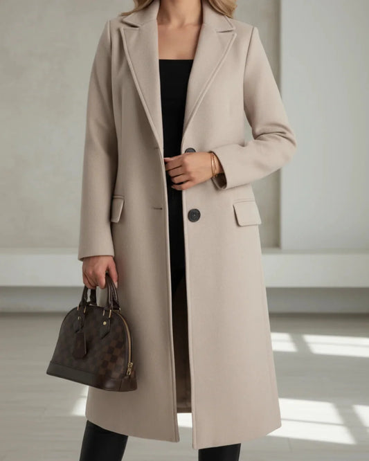 Wool-Look Coat Grey Tailored Long - Beige