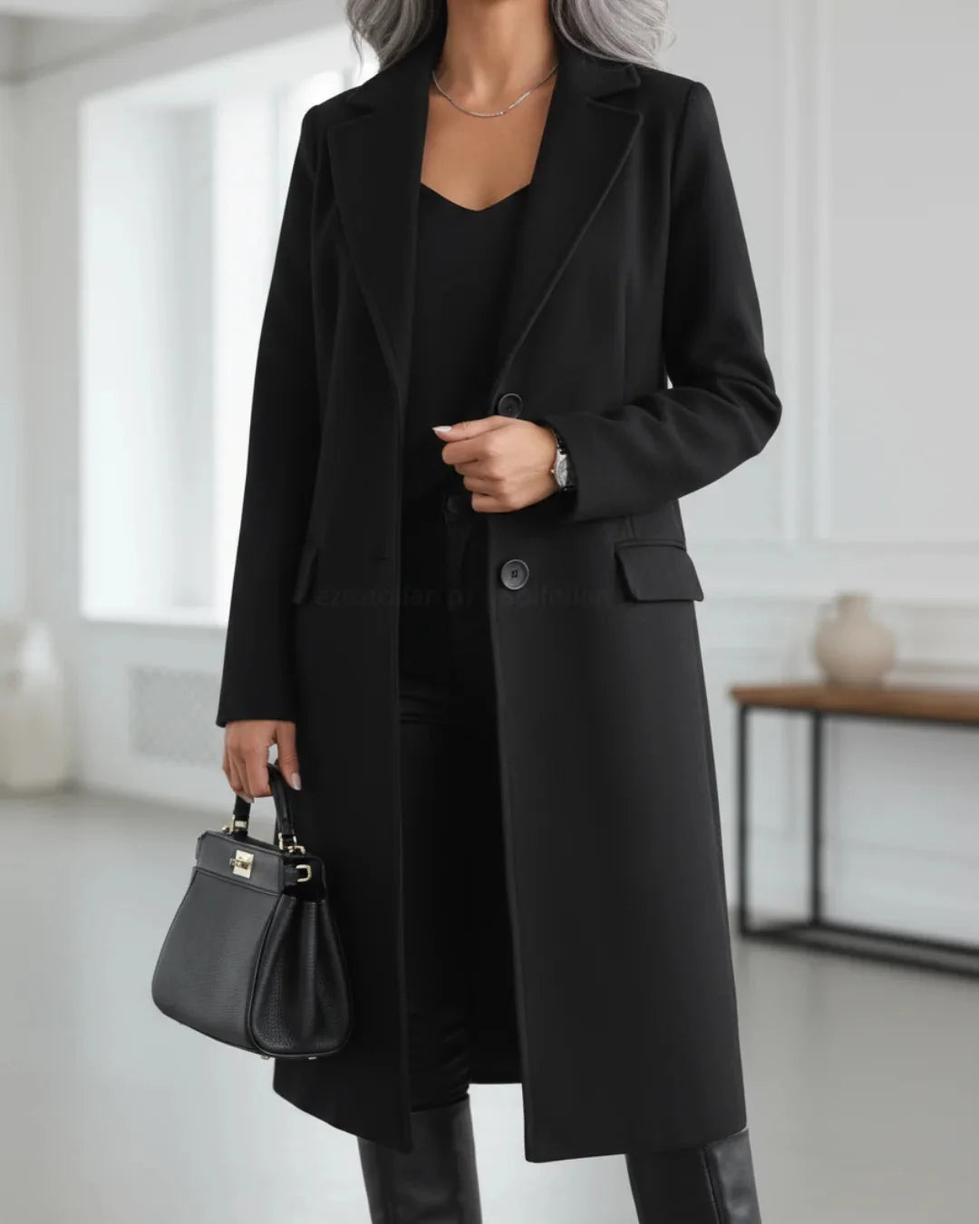 Wool-Look Coat Grey Tailored Long - Black