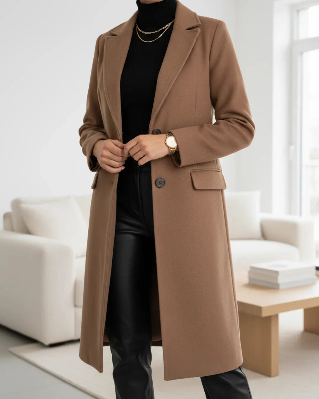 Wool-Look Coat Grey Tailored Long - Brown