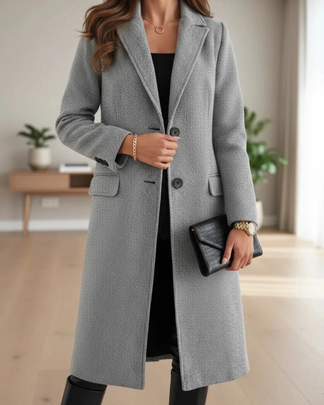 Wool-Look Coat Grey Tailored Long - Grey