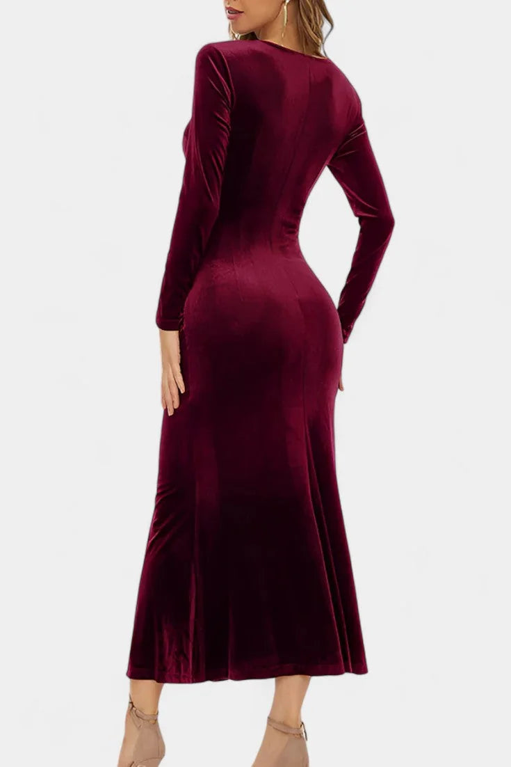 Green Long Sleeve Velvet Maxi Dress view 6