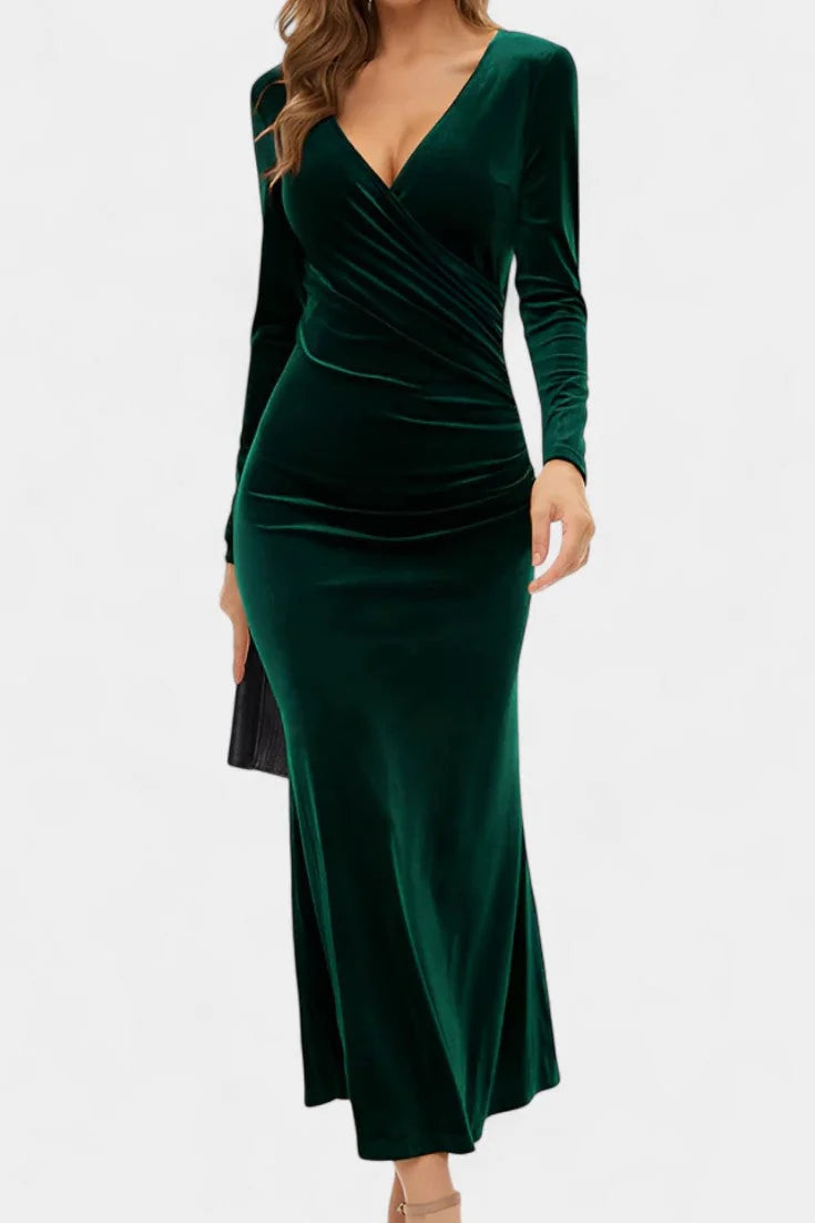 Green Long Sleeve Velvet Maxi Dress