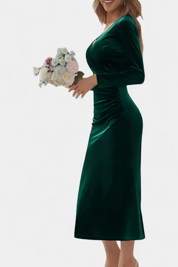 Green Long Sleeve Velvet Maxi Dress view 3