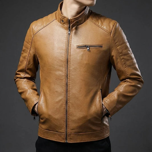 Men's Biker Jacket Tan Stand Collar