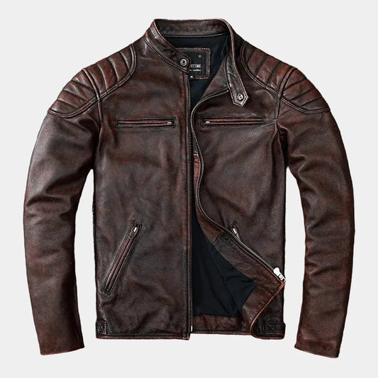 Men's Brown Leather-Look Biker Jacket Racer