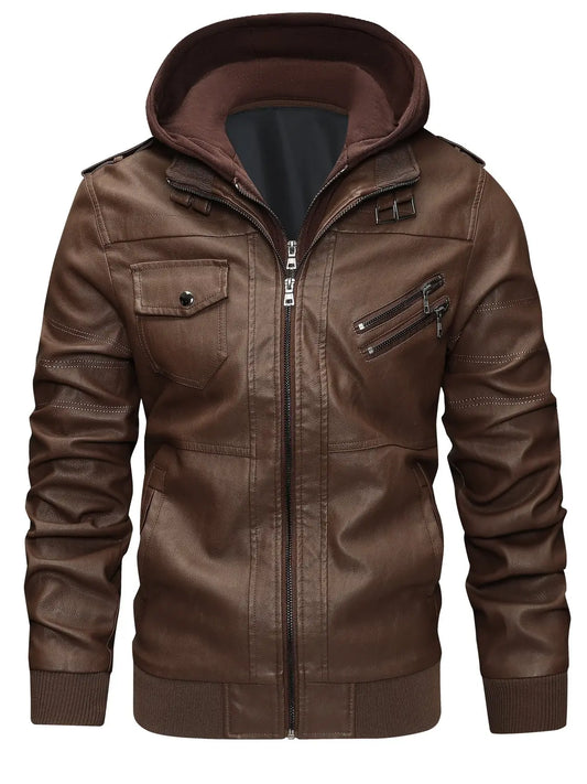 Men's Brown Leather-Look Biker Jacket Hood