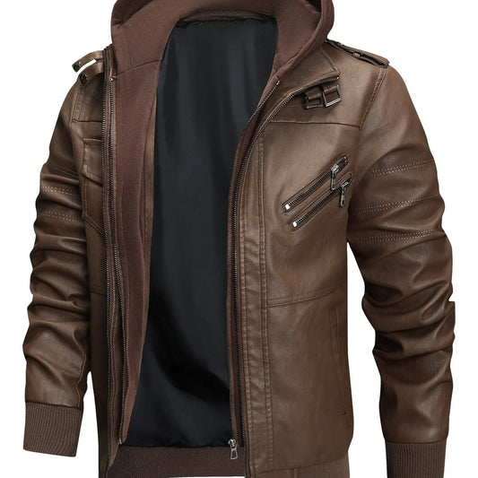 Men's Brown Leather-Look Biker Jacket Hood view 2