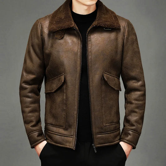 Men's Brown Leather-Look Biker Jacket Fleece Collar