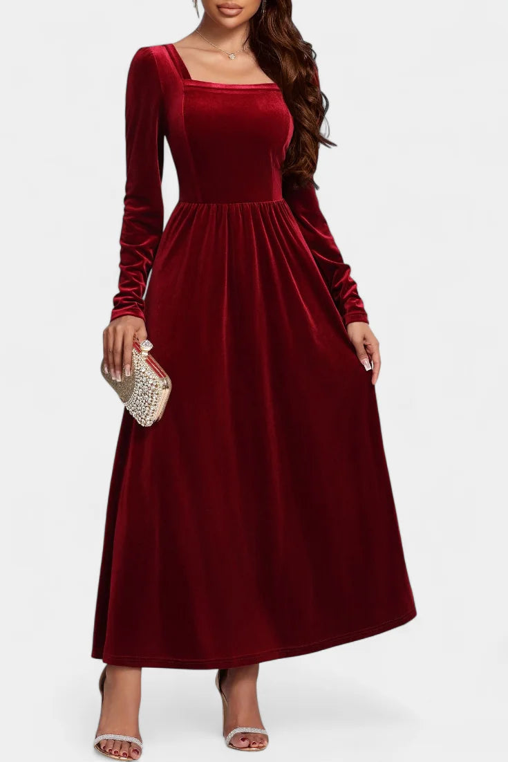 Red Long Sleeve Velvet Maxi Dress
