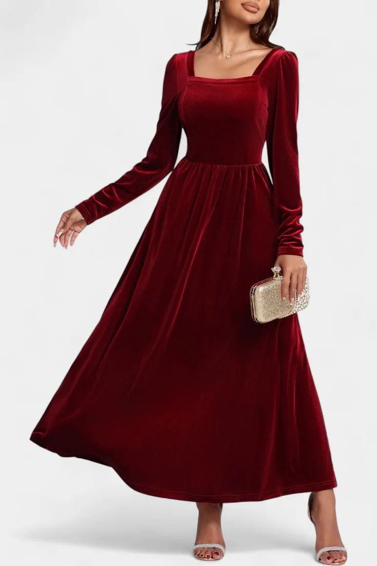 Red Long Sleeve Velvet Maxi Dress view 3