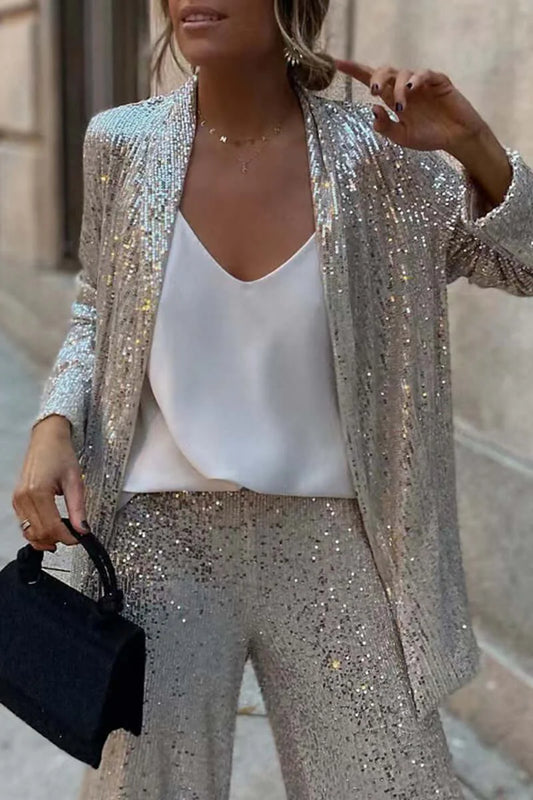 Sequin Pant Set Silver Blazer Wide-Leg view 2