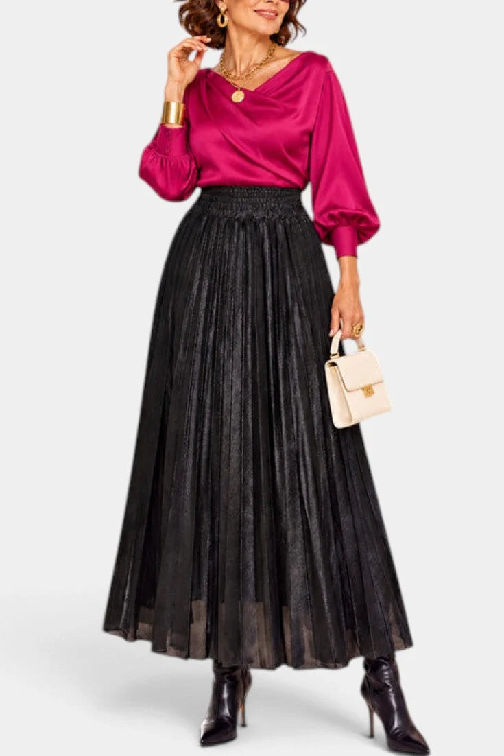 Maxi Skirt Black Metallic Pleated High Waist - Black