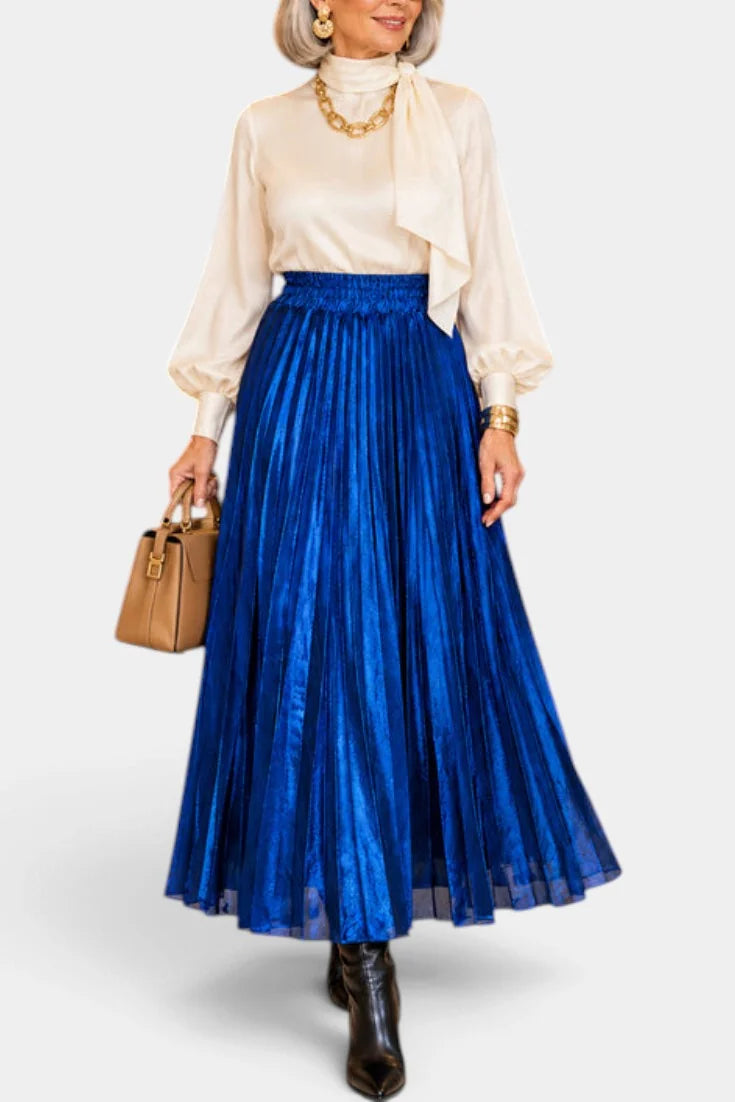 Maxi Skirt Black Metallic Pleated High Waist - Blue
