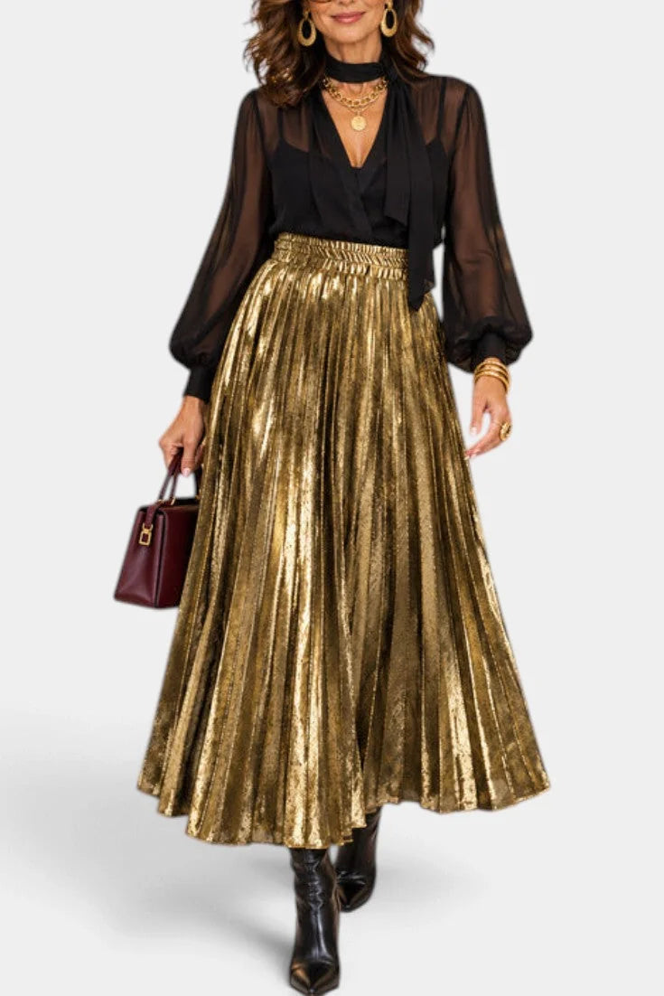Maxi Skirt Black Metallic Pleated High Waist - Gold