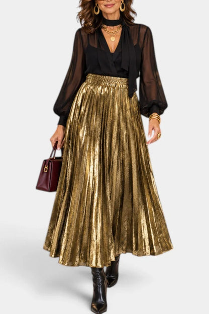 Maxi Skirt Black Metallic Pleated High Waist - Gold
