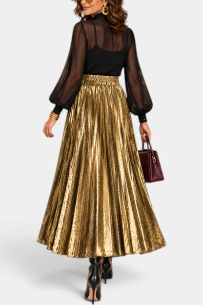 Maxi Skirt Black Metallic Pleated High Waist - Gold