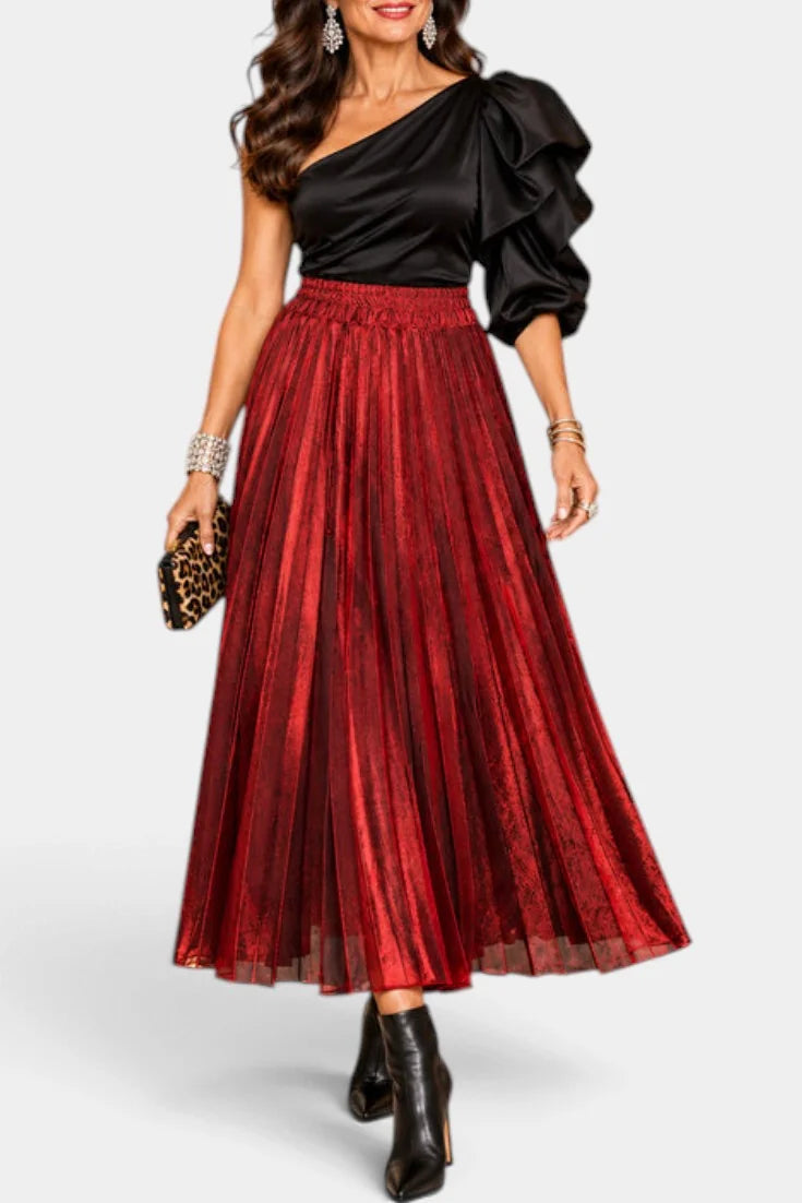 Maxi Skirt Black Metallic Pleated High Waist - Red