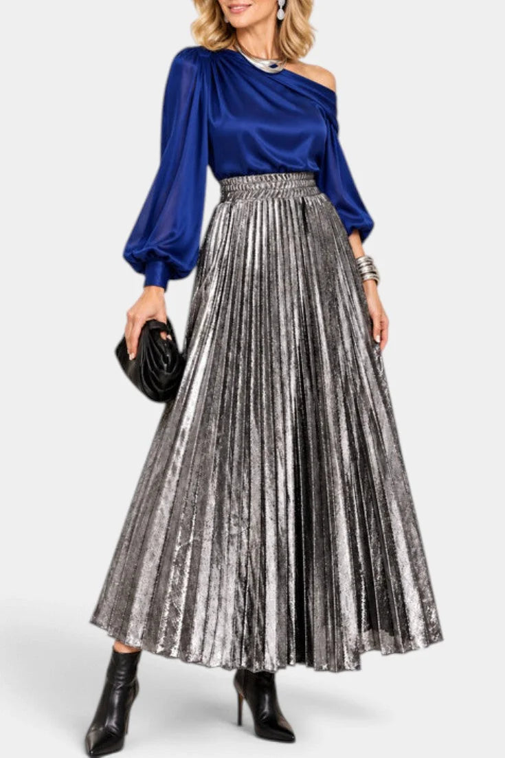 Maxi Skirt Black Metallic Pleated High Waist - Silver
