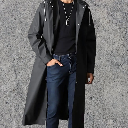 Men's Long Coat Black Waterproof Hood - Black