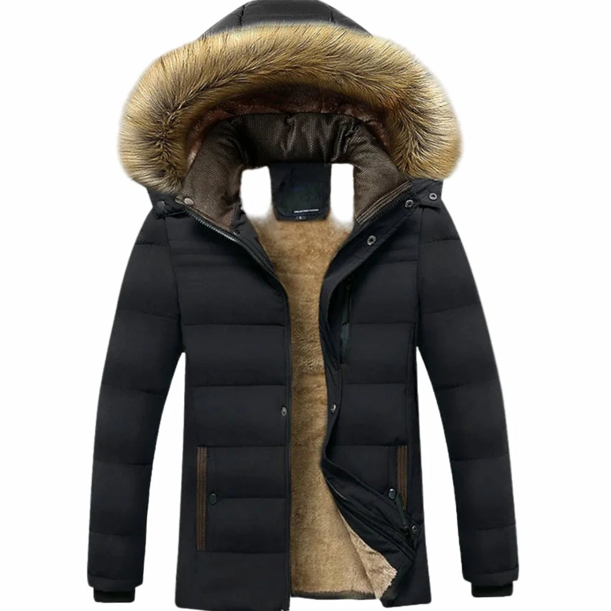 Men's Winter Jacket Black Faux Fur Hood - Black