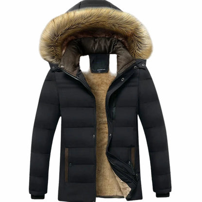 Men's Winter Jacket Black Faux Fur Hood - Black