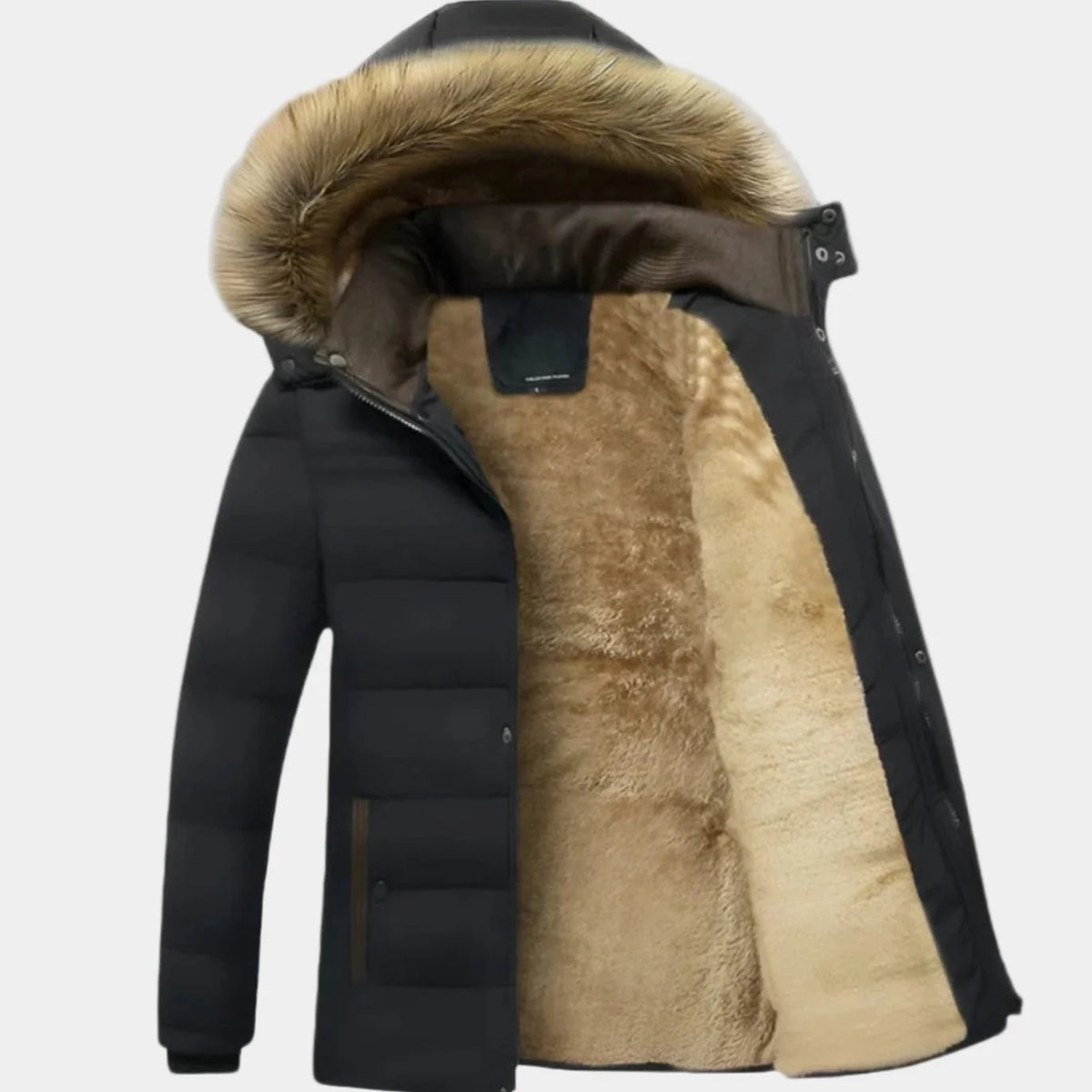 Men's Winter Jacket Black Faux Fur Hood - Black