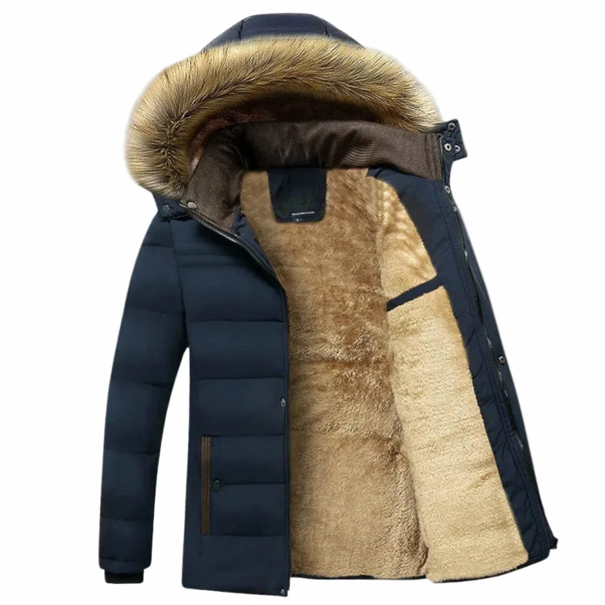 Men's Winter Jacket Black Faux Fur Hood - Blue