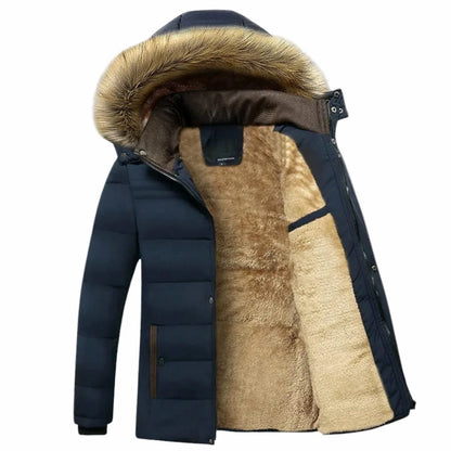 Men's Winter Jacket Black Faux Fur Hood - Blue