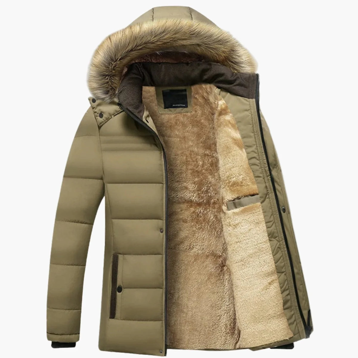 Men's Winter Jacket Black Faux Fur Hood - Khaki