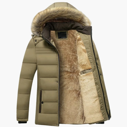 Men's Winter Jacket Black Faux Fur Hood - Khaki