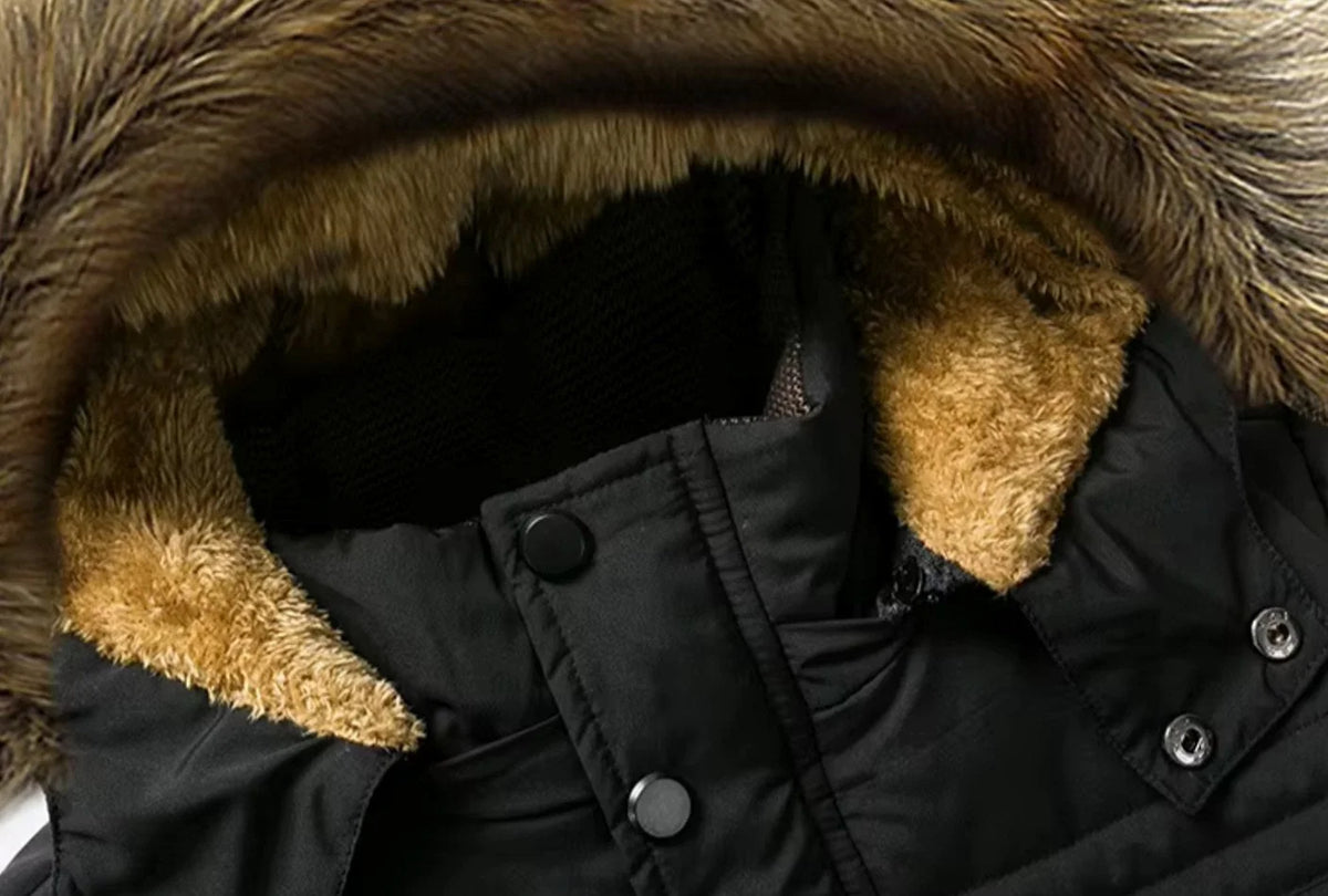 Men's Winter Jacket Black Faux Fur Hood - Khaki