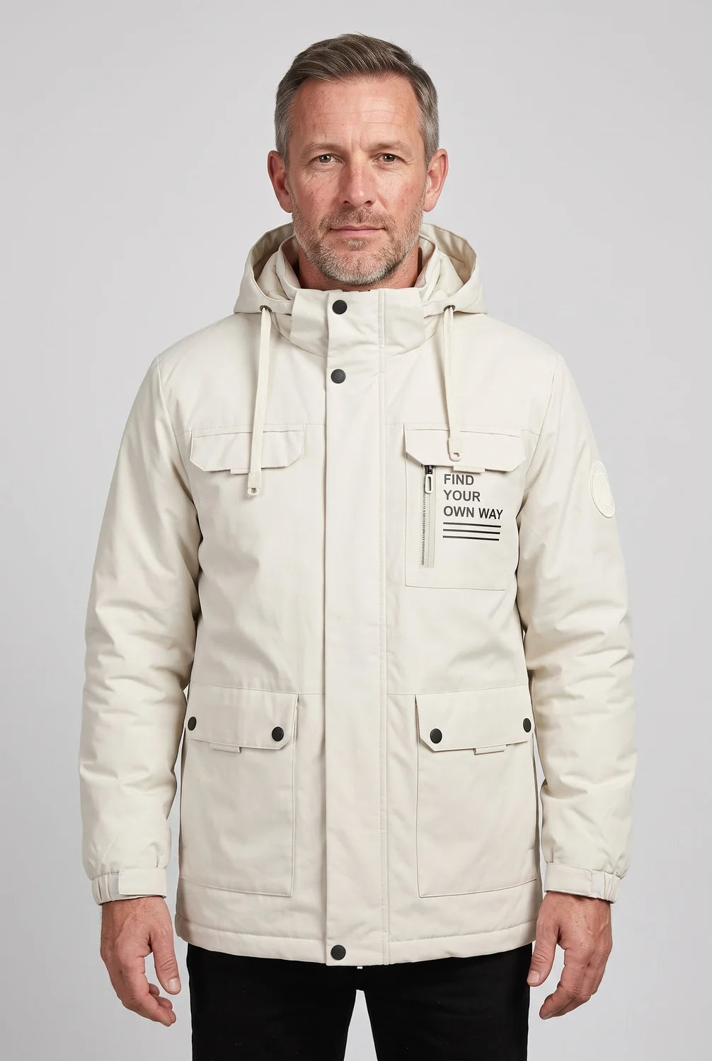 Men's Winter Jacket Black Utility Hood - White