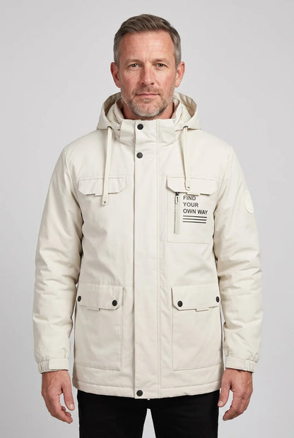 Men's Winter Jacket Black Utility Hood - White