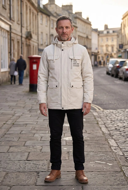 Men's Winter Jacket Black Utility Hood - White
