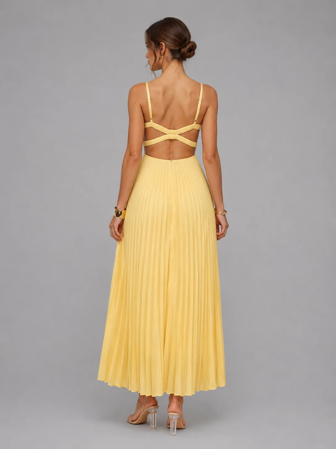 Satin-Look Maxi Dress Yellow Pleated - Yellow