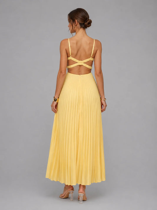 Satin-Look Maxi Dress Yellow Pleated - Yellow