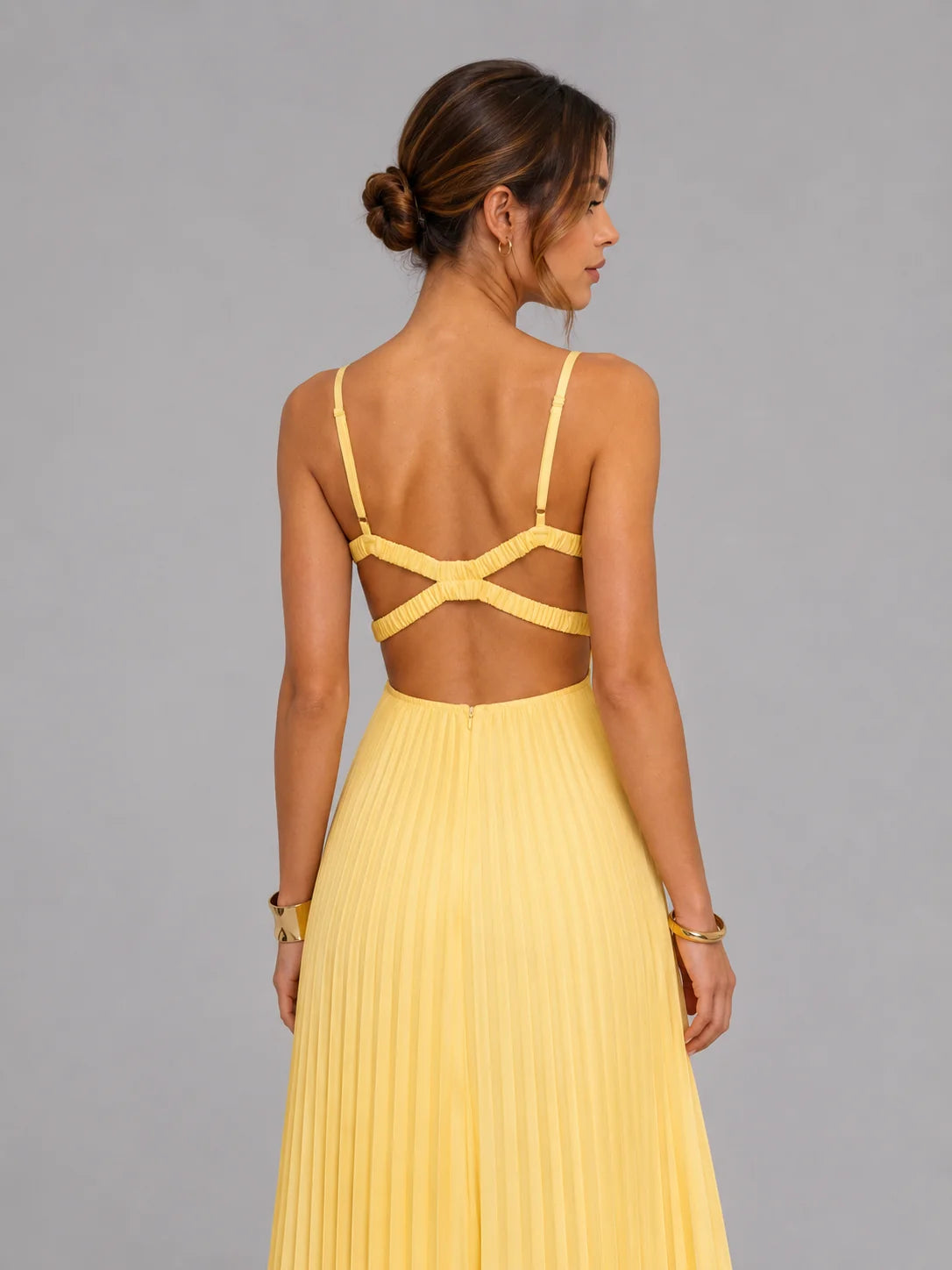 Satin-Look Maxi Dress Yellow Pleated - Yellow