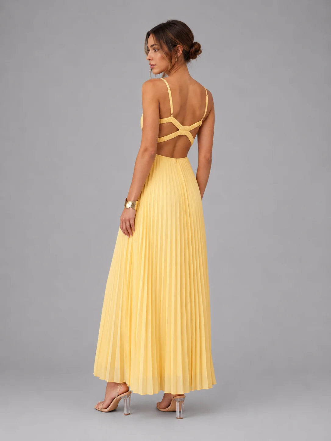 Satin-Look Maxi Dress Yellow Pleated - Yellow