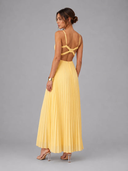 Satin-Look Maxi Dress Yellow Pleated - Yellow