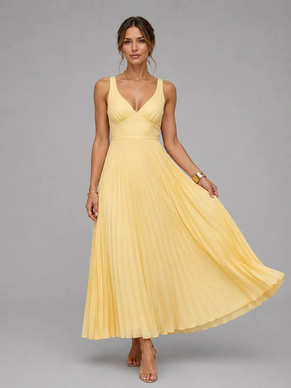 Satin-Look Maxi Dress Yellow Pleated - Yellow