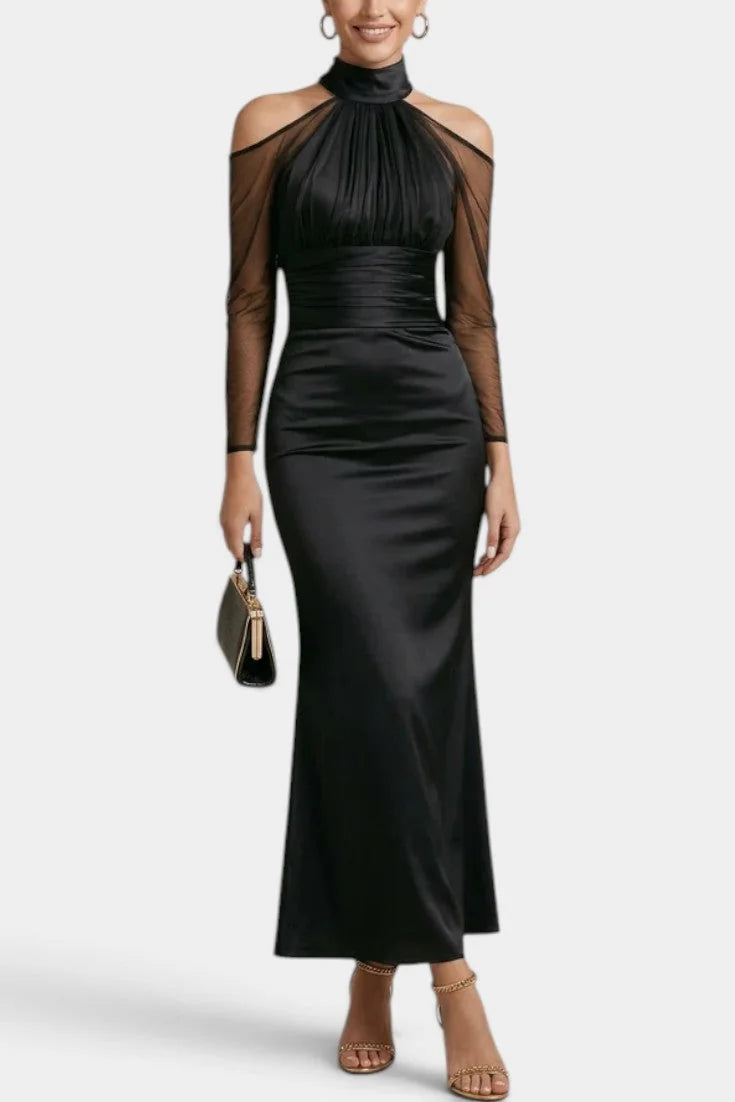 Satin Maxi Dress Black Halter Sheer Sleeves - Black