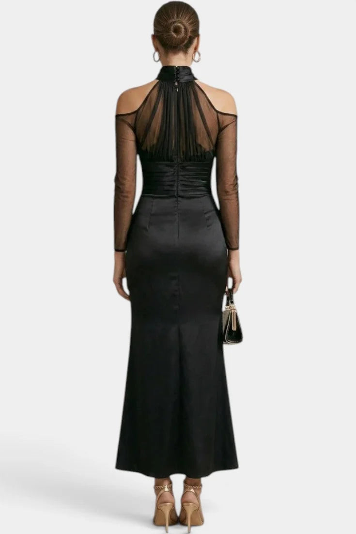 Satin Maxi Dress Black Halter Sheer Sleeves - Black