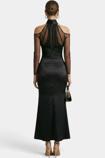 Satin Maxi Dress Black Halter Sheer Sleeves - Black