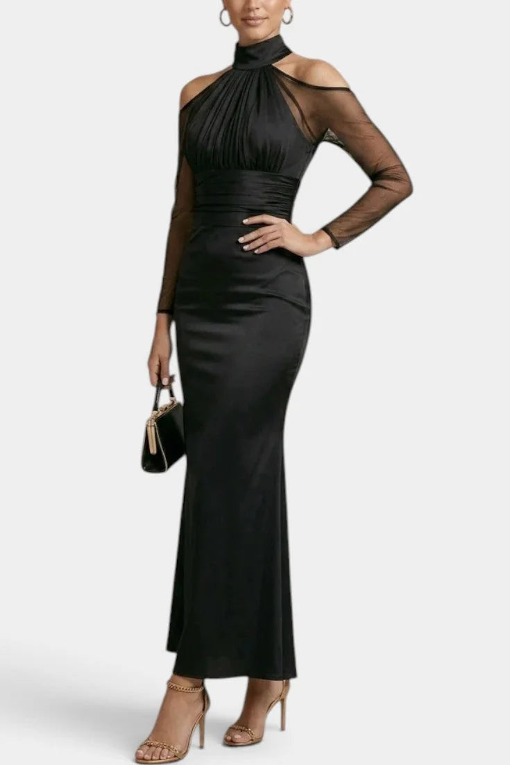 Satin Maxi Dress Black Halter Sheer Sleeves - Black