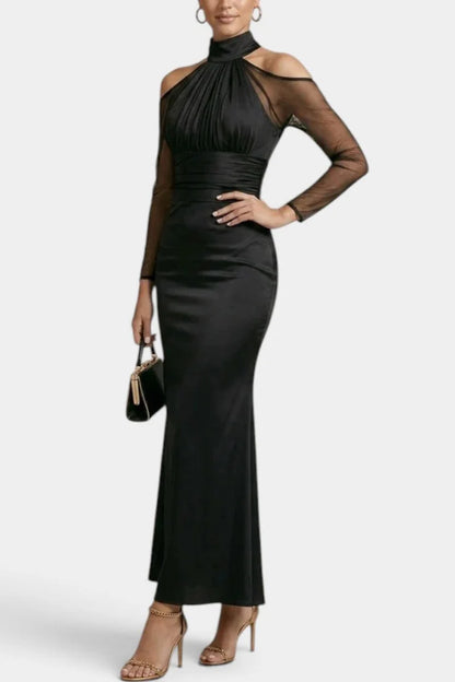 Satin Maxi Dress Black Halter Sheer Sleeves - Black