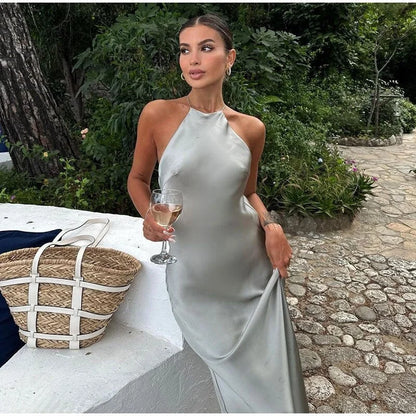 Satin Maxi Dress Silver Halter Open Back - Silver