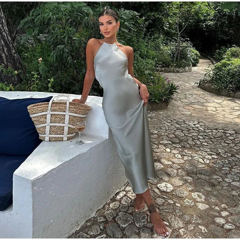 Satin Maxi Dress Silver Halter Open Back - Silver